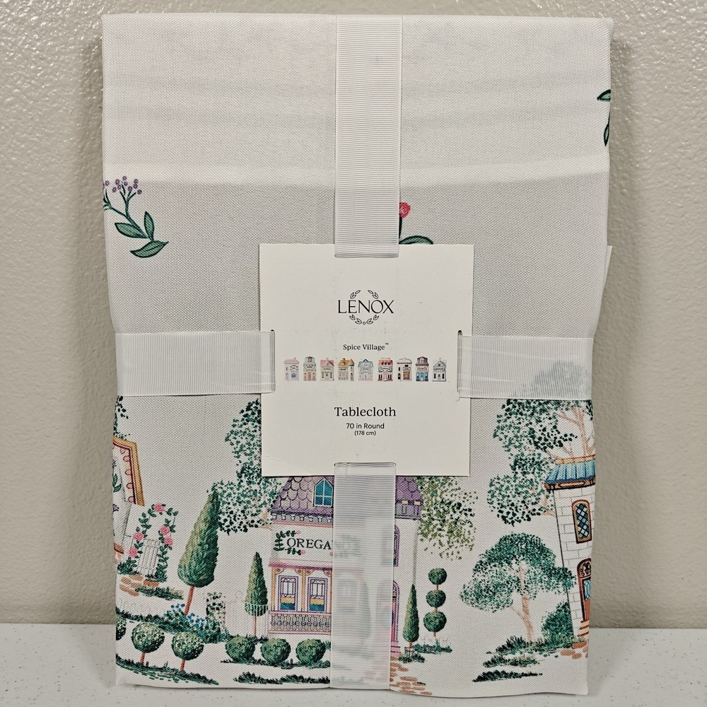 Lenox Spice Village Double Border White Tablecloth 70" Inch Round Polyester